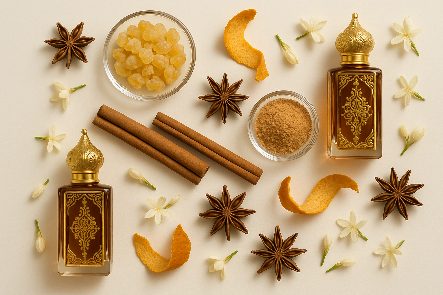 Oriental fragrance notes with solid light background